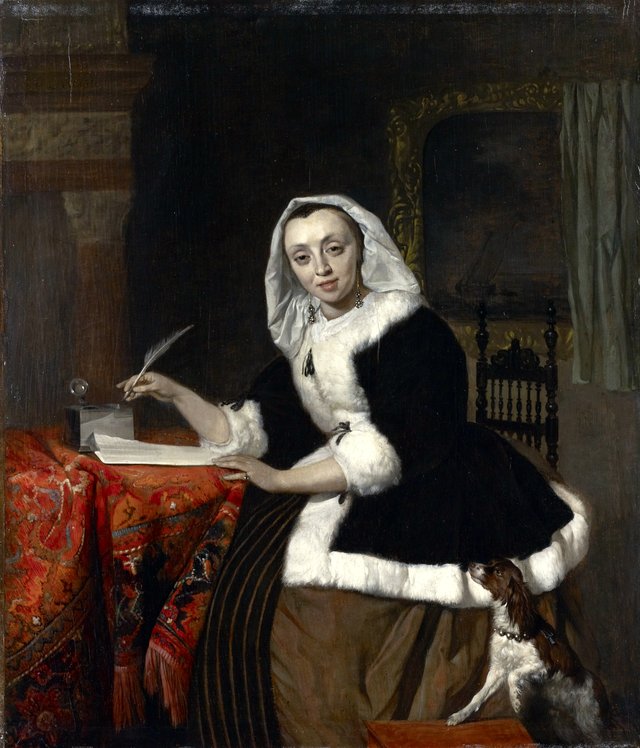 Elegant Lady Writing at Her Desk by Gabriel Metsu