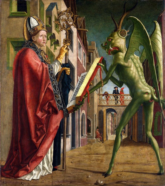 Kirchenväteraltar, Flügelaußenseite: Der Teufel weist dem hl. Augustinus das Buch der Laster vor by Michael Pacher