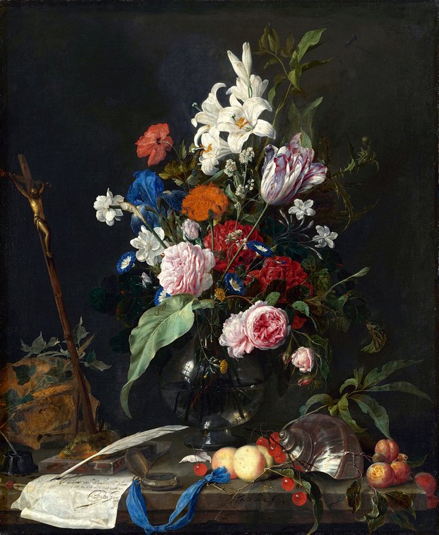 Flower still-life with a skull and crucifix by Jan Davidsz. de Heem