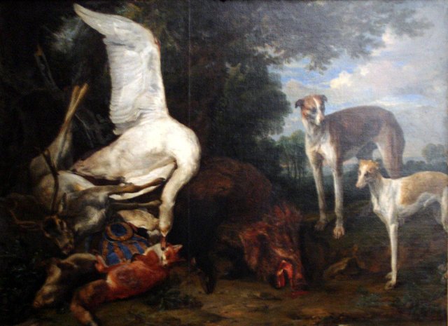 Twee honden bij jachtstilleven met hert, zwaan, vos en everzwijn by Pieter Boel