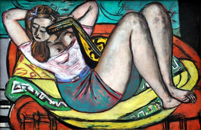 Woman with mandolin in yellow and red by Max Beckmann