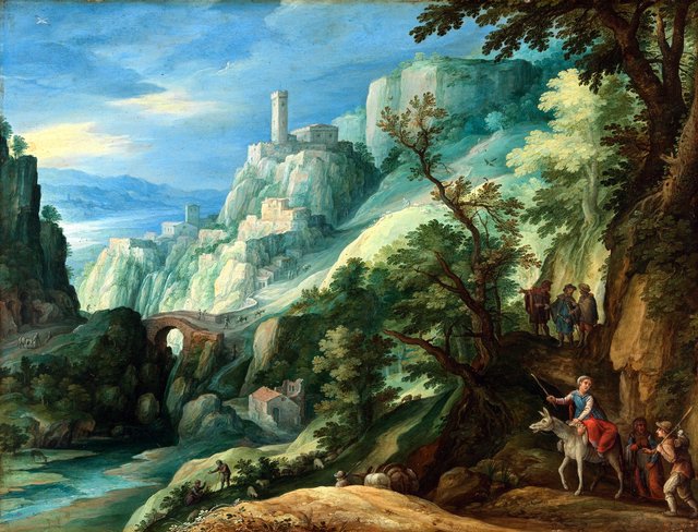 Italianiserend berglandschap met de Emmausgangers? by Paul Bril