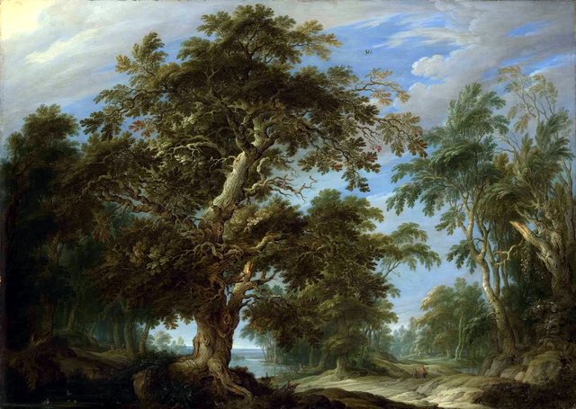 Oak forest with hunting scene by Alexander Keirincx