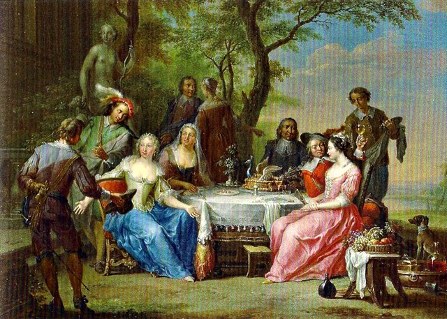 Elegant company dining in a garden by Franz Christoph Janneck