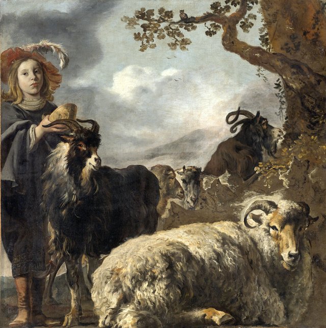 Portrait of a young shepherd with sheep and goats by Bartholomeus van der Helst