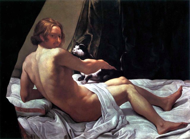 Young Naked Man on a Bed with Cat by Giovanni Lanfranco