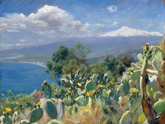 Flourishing cacti near Toarmina. In the background Mount Etna covered in snow. by Peder Severin Krøyer
