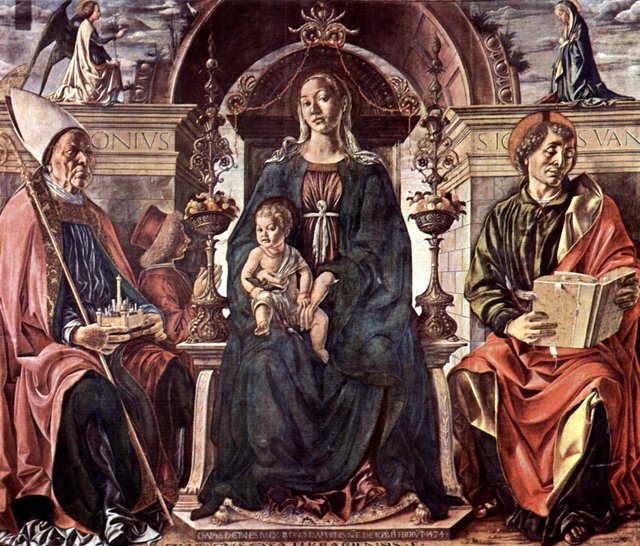 Madonna enthroned with child and Saints Petronius and John the Evangelist by Francesco del Cossa