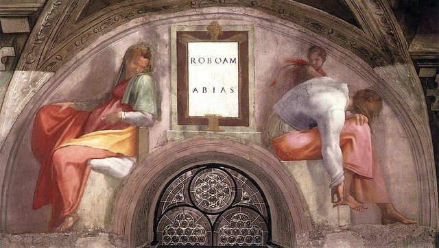 Sistine Chapel lunettes - Rehoboam, Abijah by Michelangelo