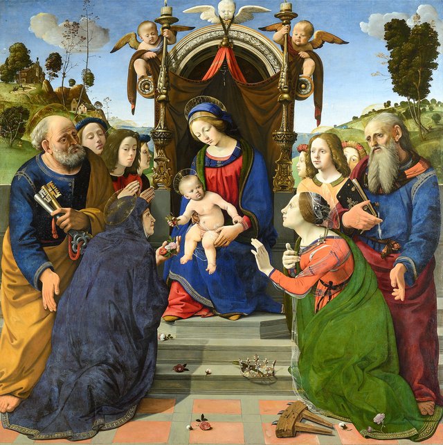 Madonna and Child Enthroned with Saints Peter, John the Evangelist, Elizabeth of Hungary (?), Catherine of Alexandria and angels by Piero di Cosimo