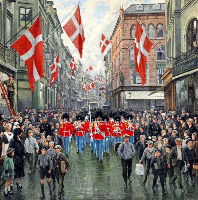 The King's birthday. The Royal Guard in red gala in Østergade by Paul Fischer
