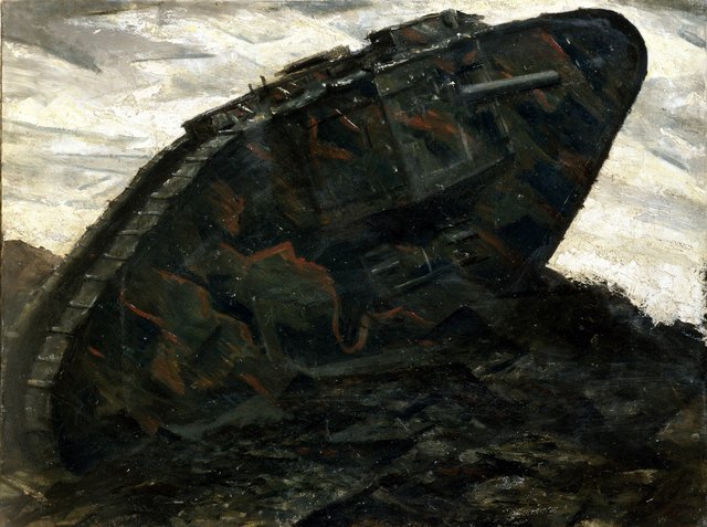 Camouflaged tank crossing muddy terrain by C. R. W. Nevinson