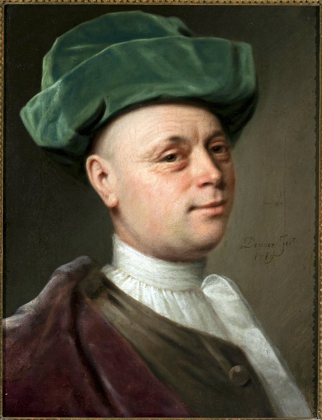 Portrait of a man in green hat. by Balthasar Denner