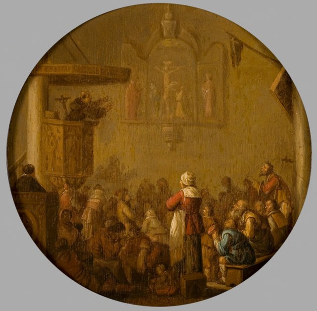 Kerkinterieur tijdens preek by Joost Cornelisz Droochsloot