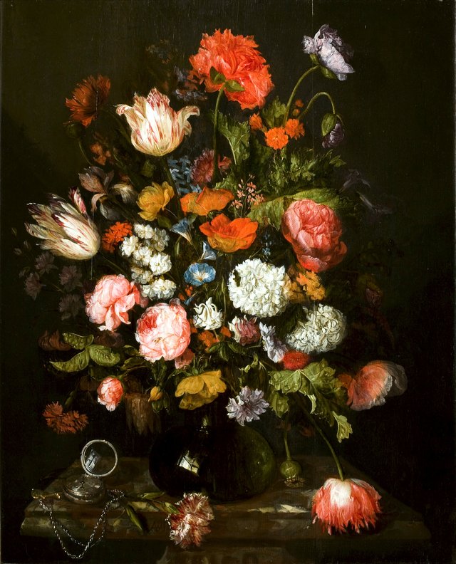 Bloemstilleven met horloge by Abraham van Beijeren