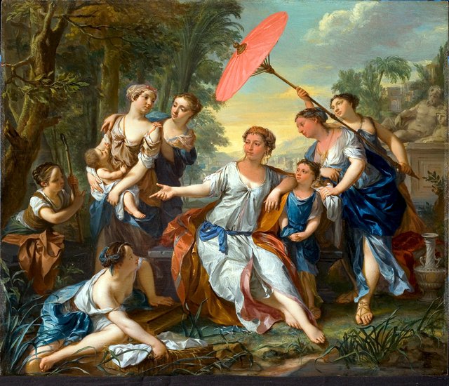 Pharaoh's daughter comes to bathe with her maidens in the river and discovers the child floating on the water (Exodus 2:5-6) by Nicolaas Verkolje