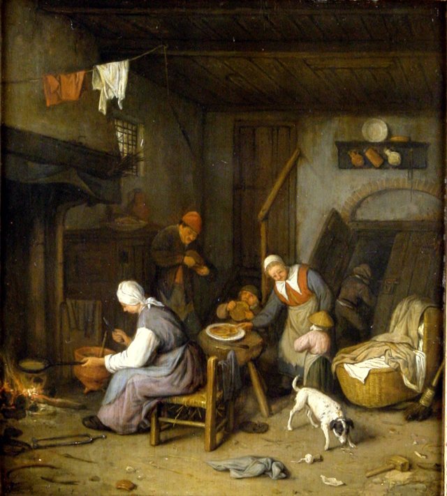 Interieur met pannenkoekbakkende vrouw by Cornelis Dusart