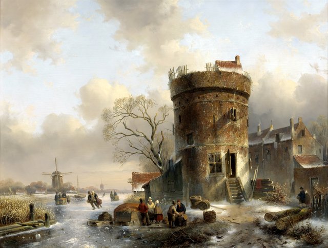 Winterlandschap met figuren op een bevroren rivier bij een toren by Charles Leickert