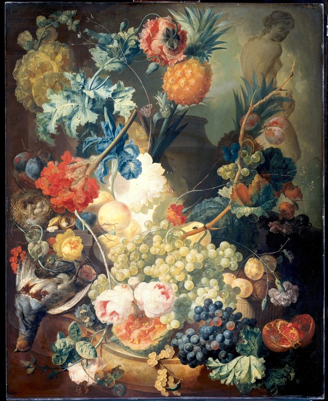 Stilleven met bloemen, vruchten en gevogelte by Jan van Os