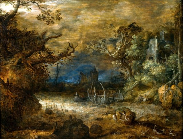 Kustlandschap in stormachtig weer by Roelant Savery
