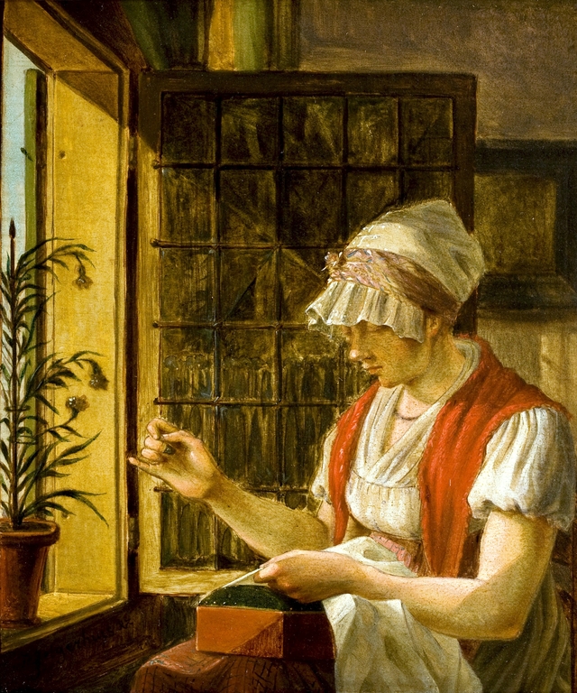 Vrouw met naaiwerk by Johannes Jelgerhuis