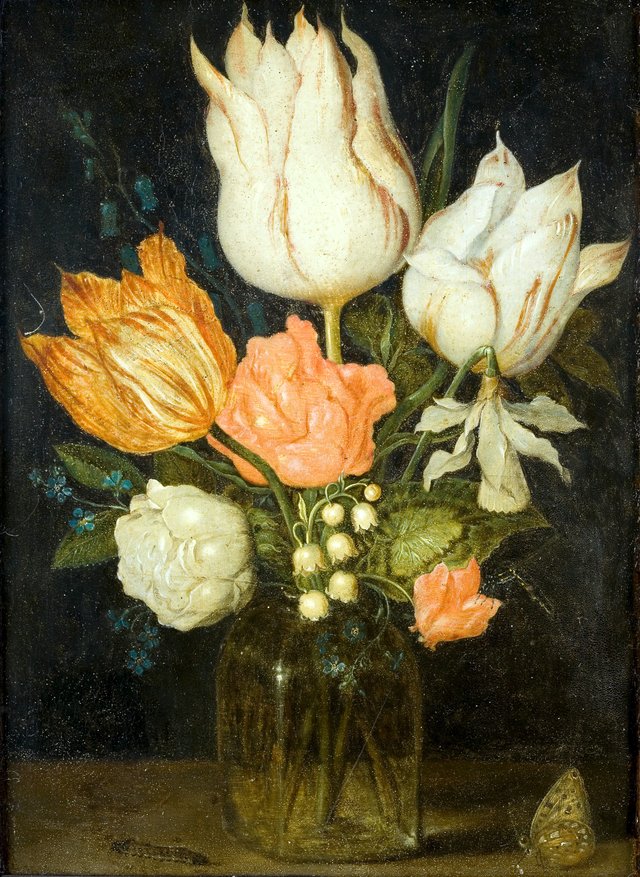 Flowers in a square glass vase by Ambrosius Bosschaert