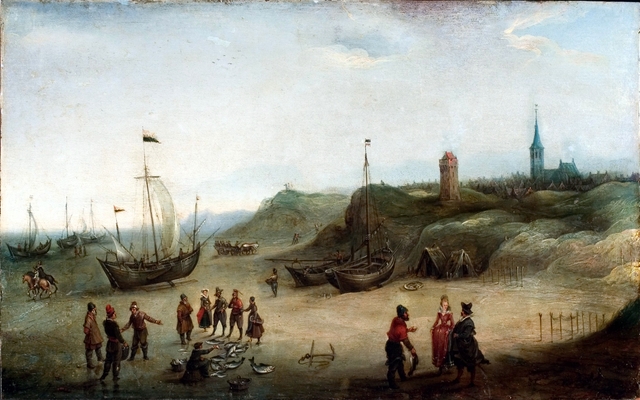 View of the beach near Zandvoort with the lighthouse and the church by Hendrick Cornelisz Vroom