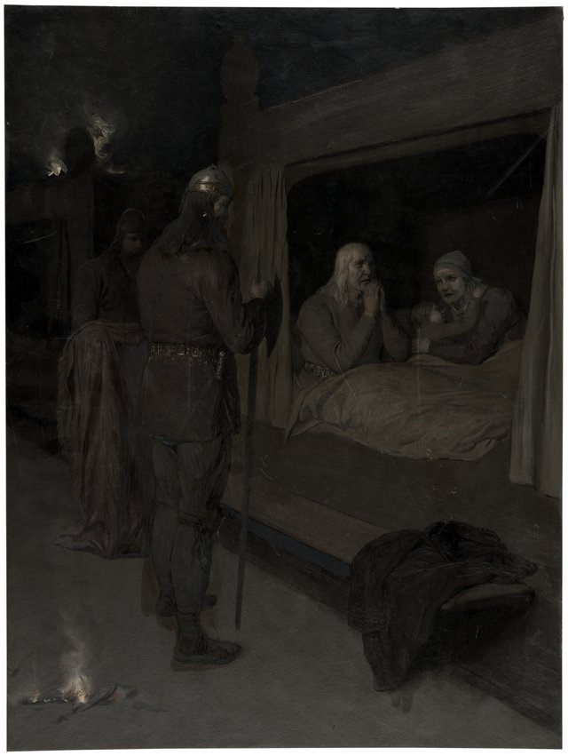 Njal, Bergthora and Thord Karisson Decide to be Burned Alive. Illustration for Njal’s Saga, ch. 129 by August Malmström