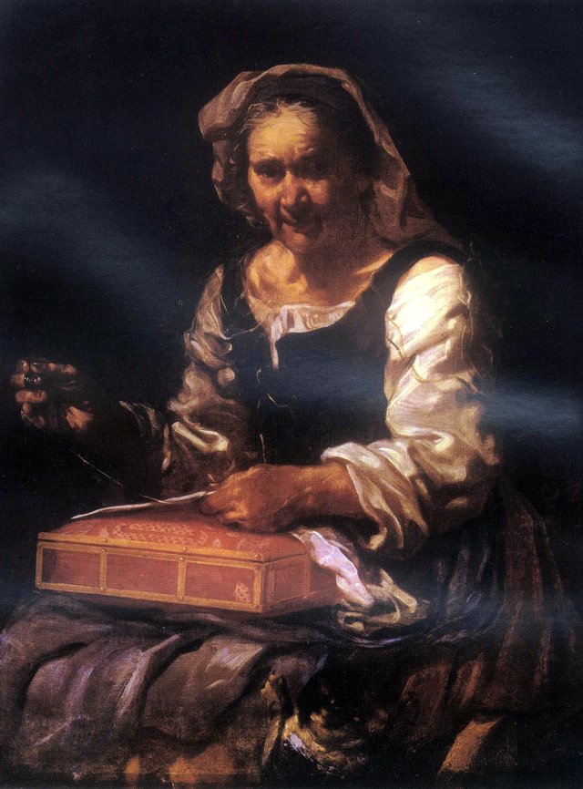 Old woman with needlework by Bernhard Keil