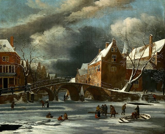 Amsterdam; Spui and Nieuwezijds Voorburgwal in winter by Jan van Kessel