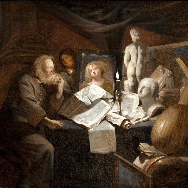 Old man with a vanitas still life by David Ryckaert III