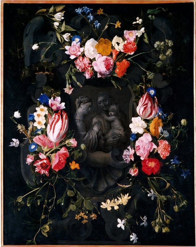 Flower Garland surrounding Madonna with Child with St. Anne in Grisaille by Erasmus Quellinus II