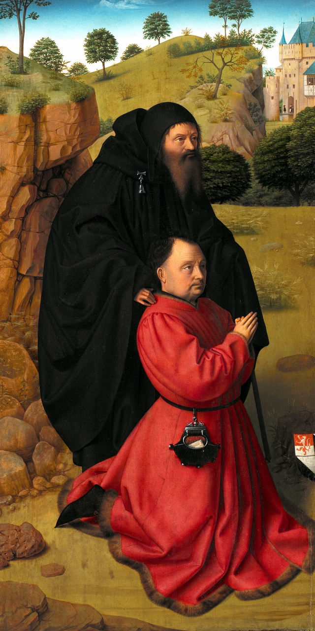 Altar Panel with a Portrait of a Donor in Scarlet under the Protection of St Anthony by Petrus Christus