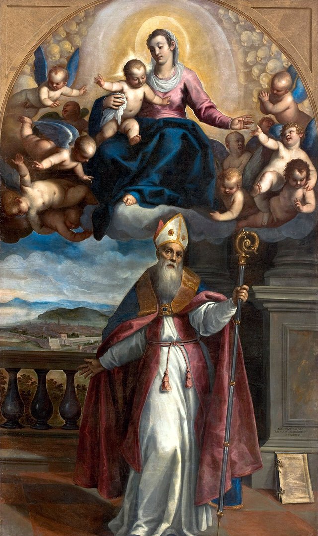 Die Madonna mit Kind erscheint dem hl. Ubaldo, Bischof von Gubbio und verweist auf den Ort zur Gründung der Stadt Pesaro by Palma il Giovane