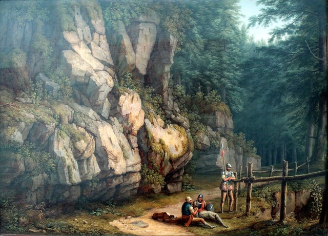 Two Warriors in a Landscape of Trees and Rocks by Jacob Philipp Hackert