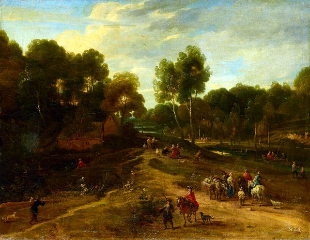 Wooded country road with travellers by Lucas Achtschellinck