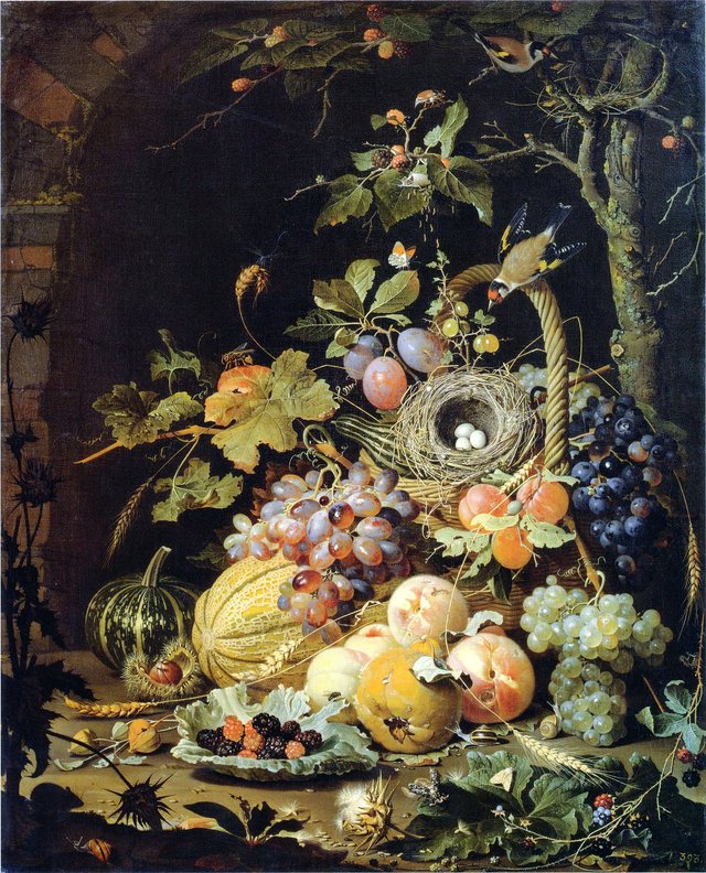 A  bird's nest in a fruit basket by Abraham Mignon