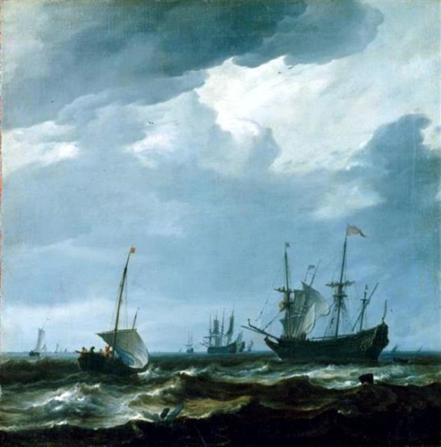 Ships on open water, a frigate on the right by Hendrick Dubbels