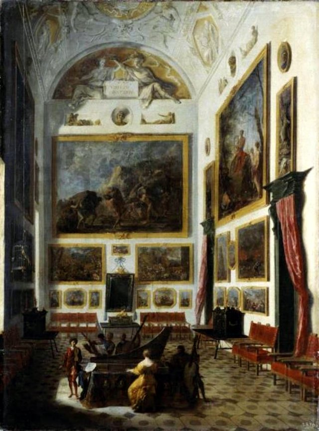 Spinet player in an interior with paintings by Johann Heinrich Schönfeld