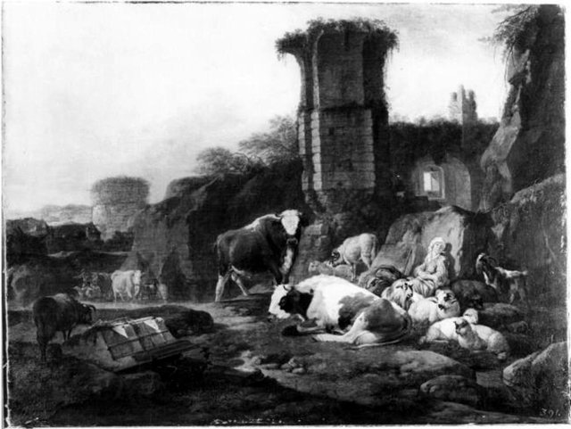 Shepherds and Cattle at he foot of Ruins by Johann Heinrich Roos