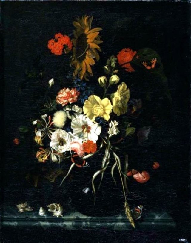Flowers with a sunflower in a glass vase with shells by Maria van Oosterwijck