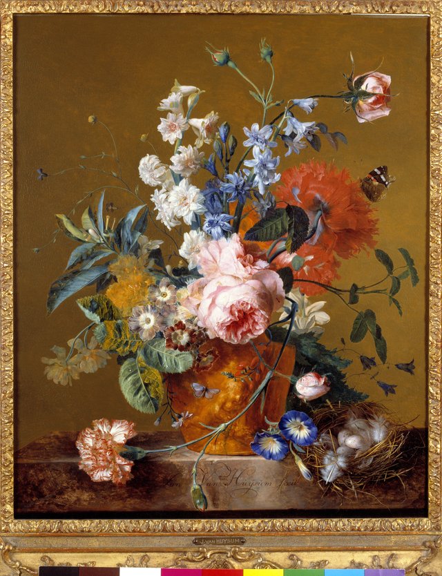 Still Life with Hyacinths and Roses in a Terracotta Vase on a Marble Table by Jan van Huysum