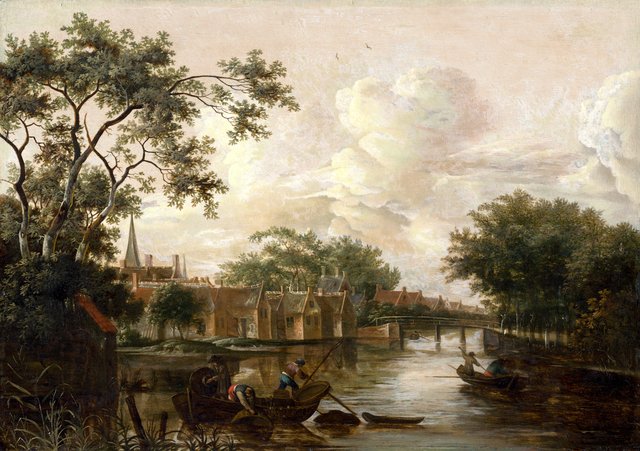 Town with River by Meindert Hobbema