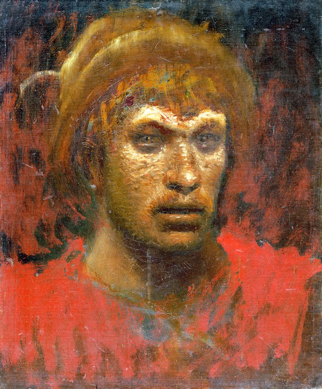 Man in Red Shirt and Hat with Feather by László Mednyánszky