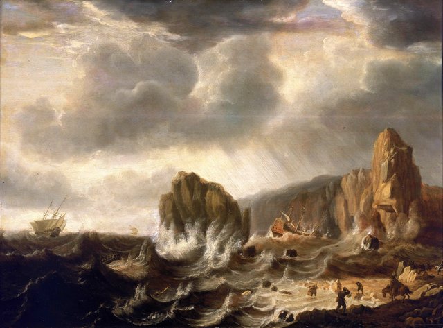 A Ship Wrecked off a Rocky Coast by Simon de Vlieger