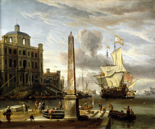 Italianate Harbour View with a Fantasy Building and Man-of-War by Abraham Storck