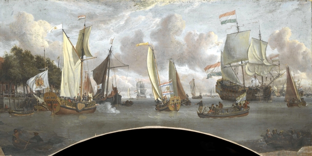 Ships on the River IJ in front of the Tollhouse near Amsterdam by Abraham Storck