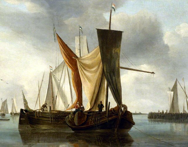 Dutch fishing boats becalmed near a jetty by Hendrick Dubbels