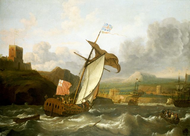 An English yacht sailing into an imagined British harbour by Ludolf Bakhuizen