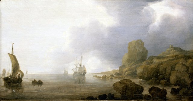 Ships Becalmed on a Rocky Coast by Simon de Vlieger